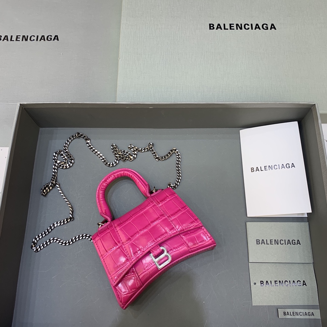 Balenciaga Hourglass Mini Handbag With Chain Crocodile Embossed Shoulder Bag Pink red